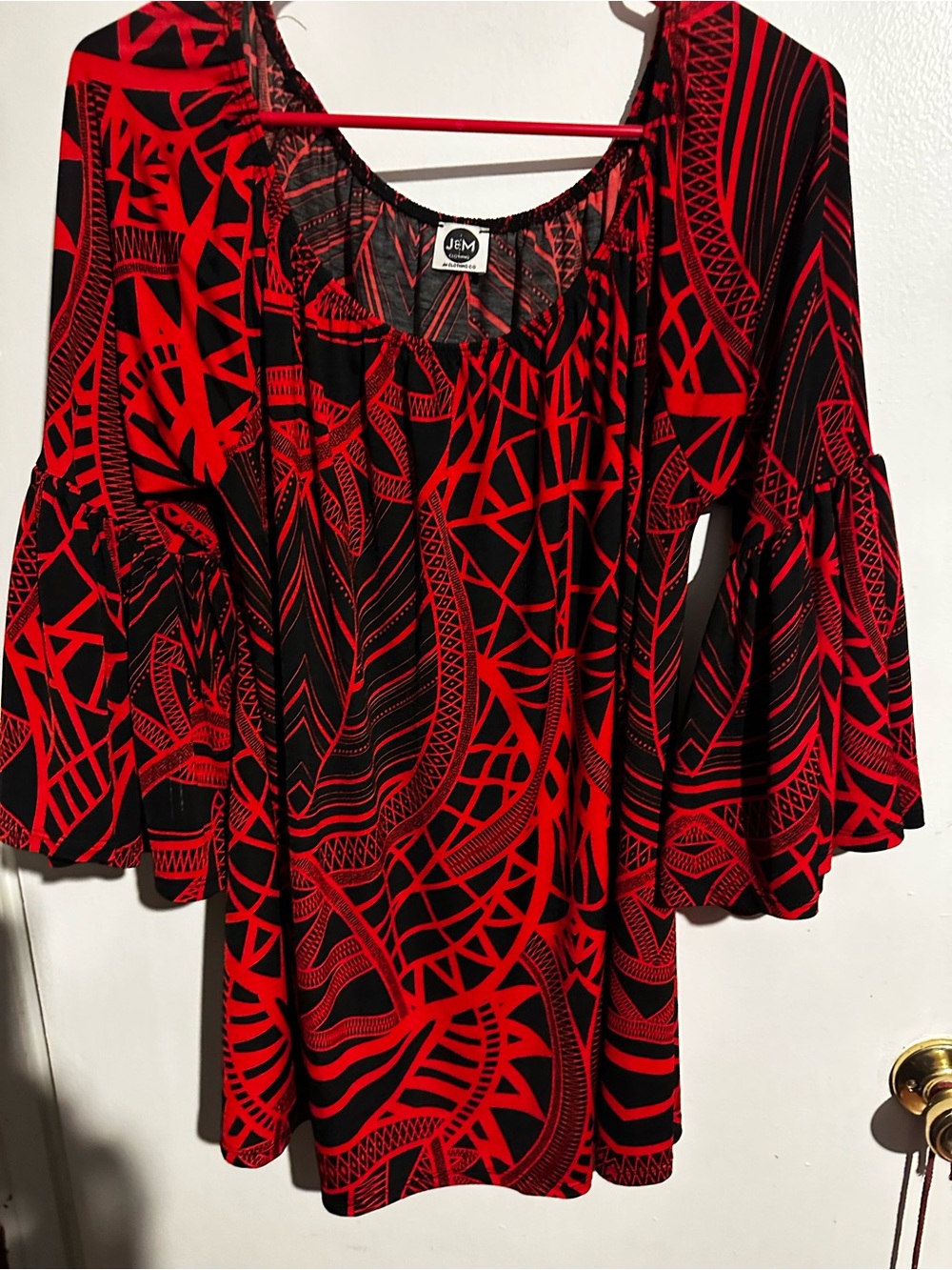 JEM Red and Black Patterned Bell Sleeve Blouse
